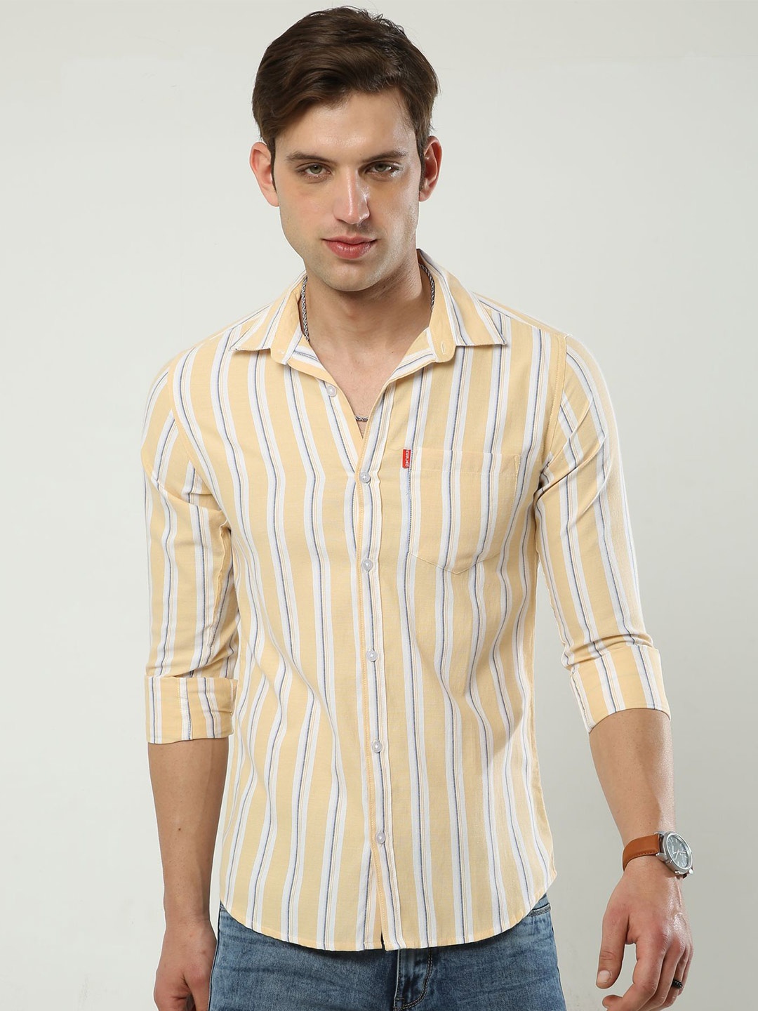 

Reslag Slim Fit Vertical Striped Cotton Casual Shirt, Yellow