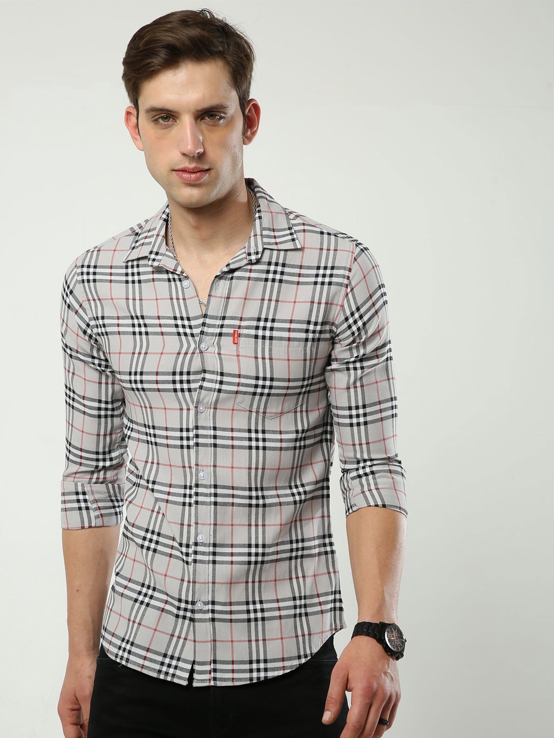 

Reslag Slim Fit Tartan Checks Cotton Casual Shirt, Grey