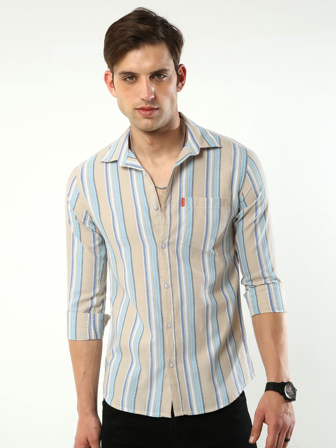 

Reslag Slim Fit Vertical Striped Cotton Casual Shirt, Beige