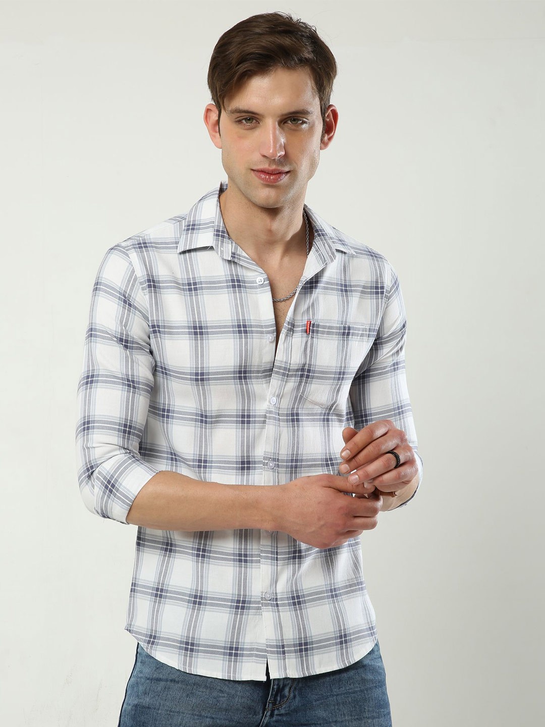 

Reslag Slim Fit Tartan Checks Cotton Casual Shirt, White