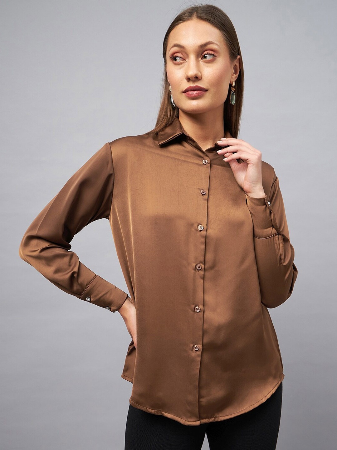 

DELAN Spread Collar Classic Casual Satin Shirt, Brown