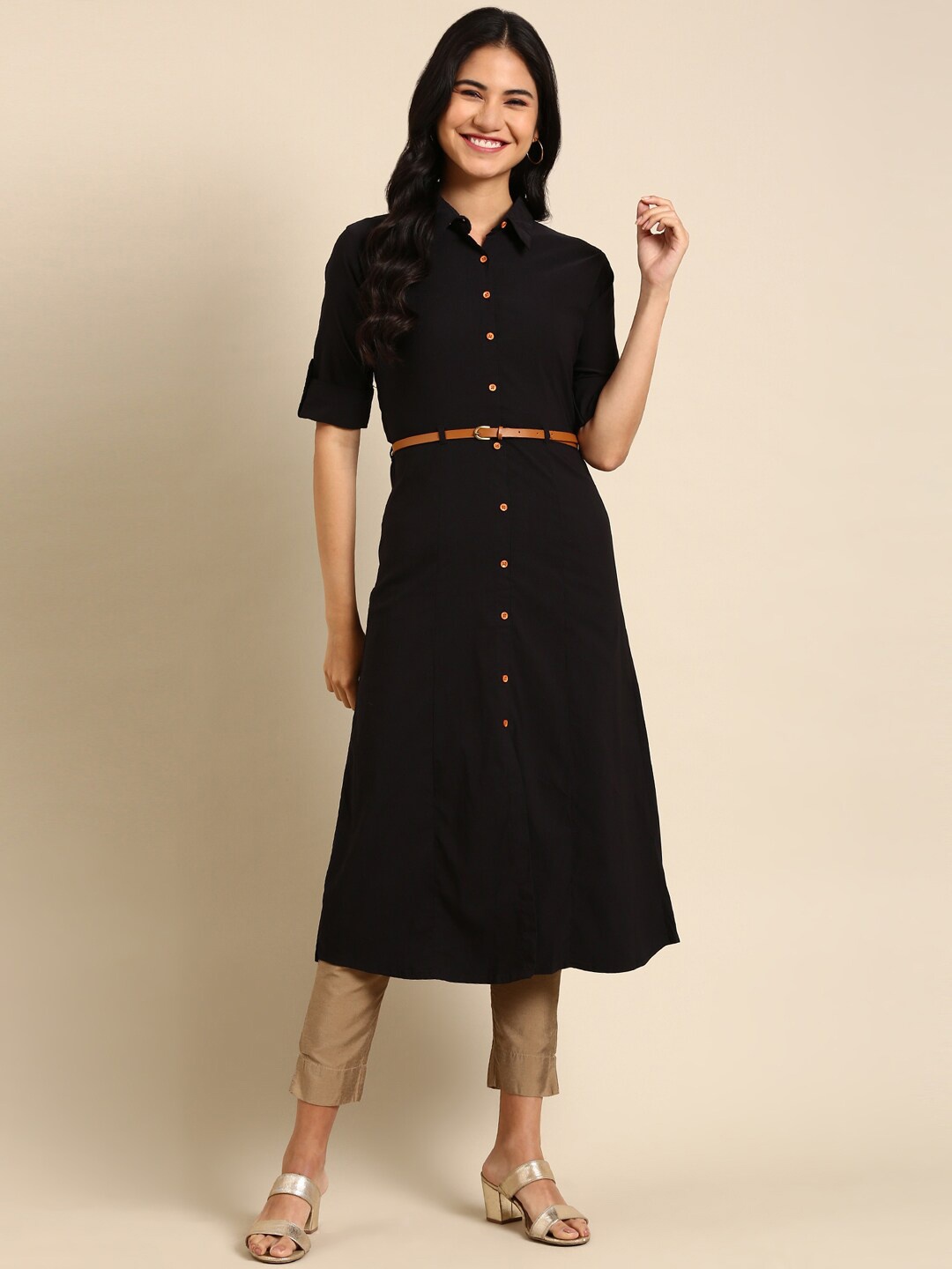 

SHOWOFF Shirt Collar Belted Detail Cotton Kurta, Black