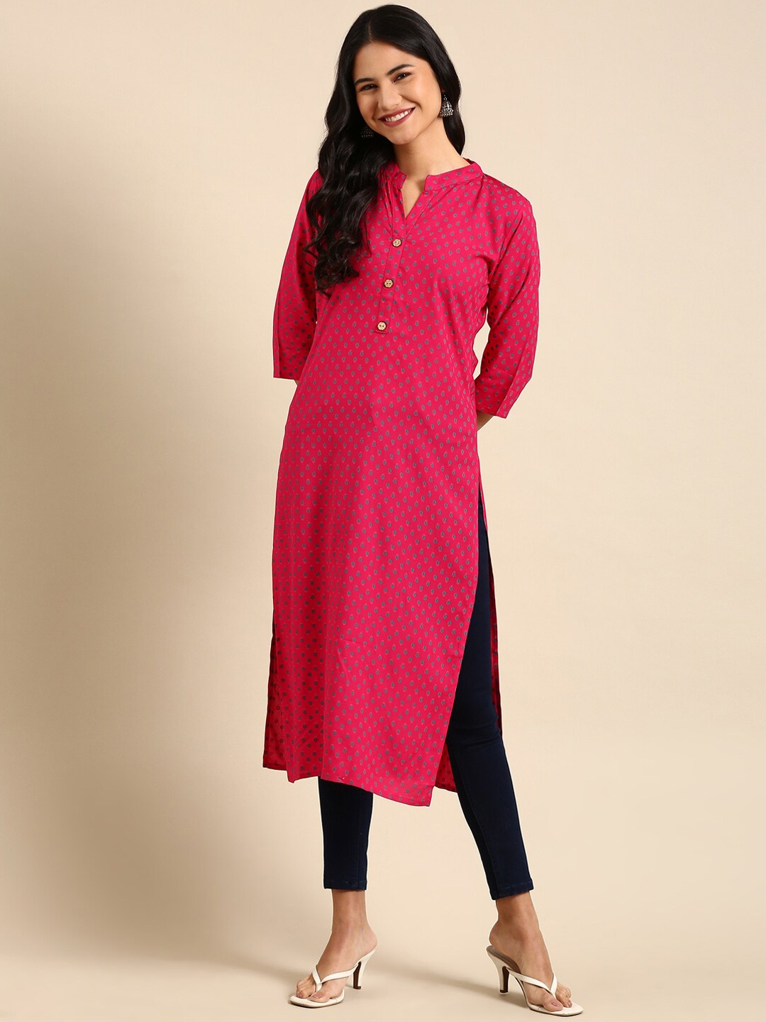 

SHOWOFF Floral Printed Mandarin Collar Cotton Kurta, Pink