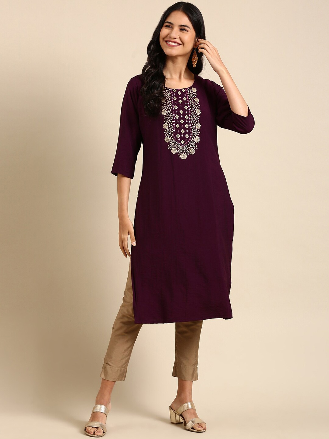 

SHOWOFF Ethnic Motifs Yoke Design Zari Mirror Work Dupion Silk Kurta, Violet