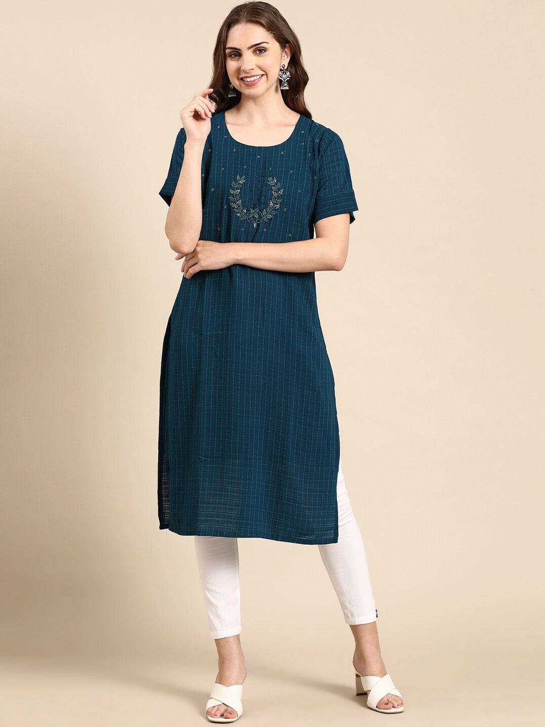 

SHOWOFF Woven Design Beads & Stones Georgette Kurta, Teal