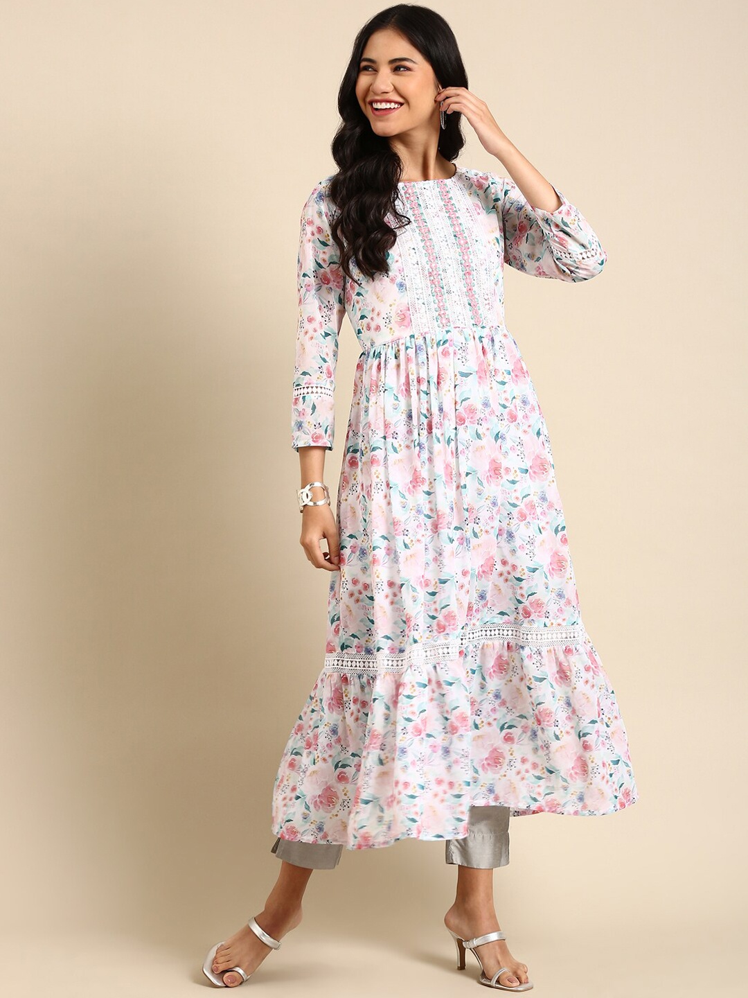 SHOWOFF Floral Printed Lace Detail Mirror Work Anarkali Kurta, White