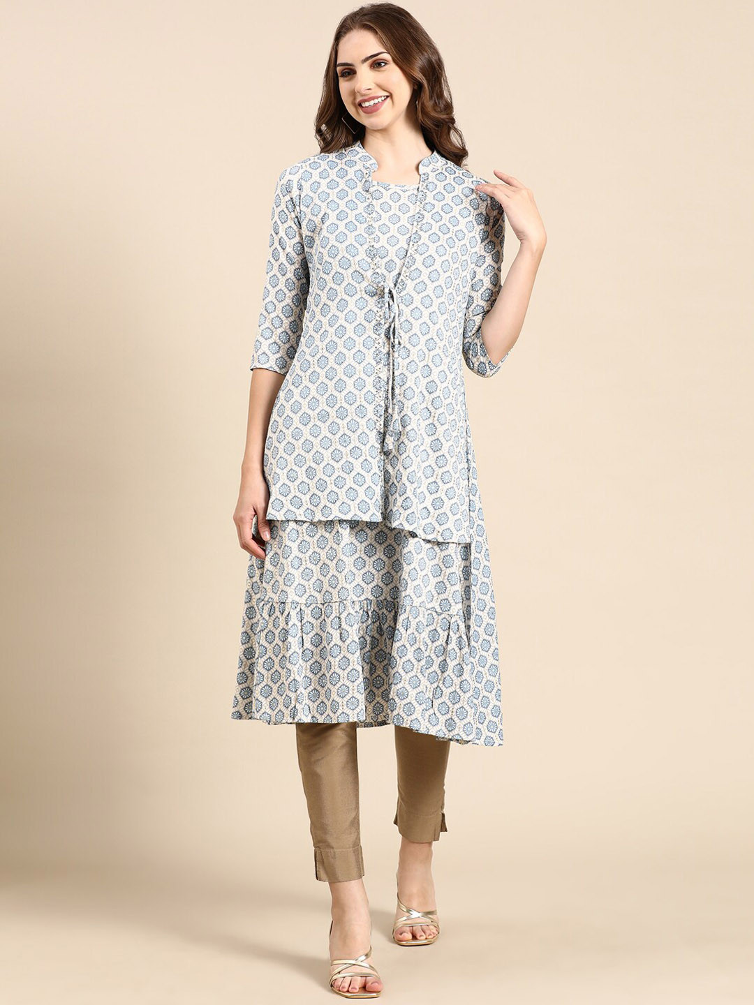 

SHOWOFF Ethnic Motifs Printed Mandarin Collar A-Line Kurta, Blue