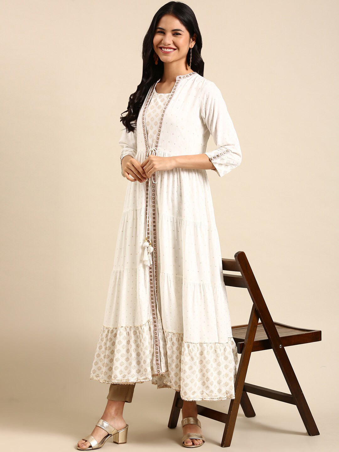 

SHOWOFF Ethnic Motifs Printed Chanderi Cotton Kurta with Jacket, Off white