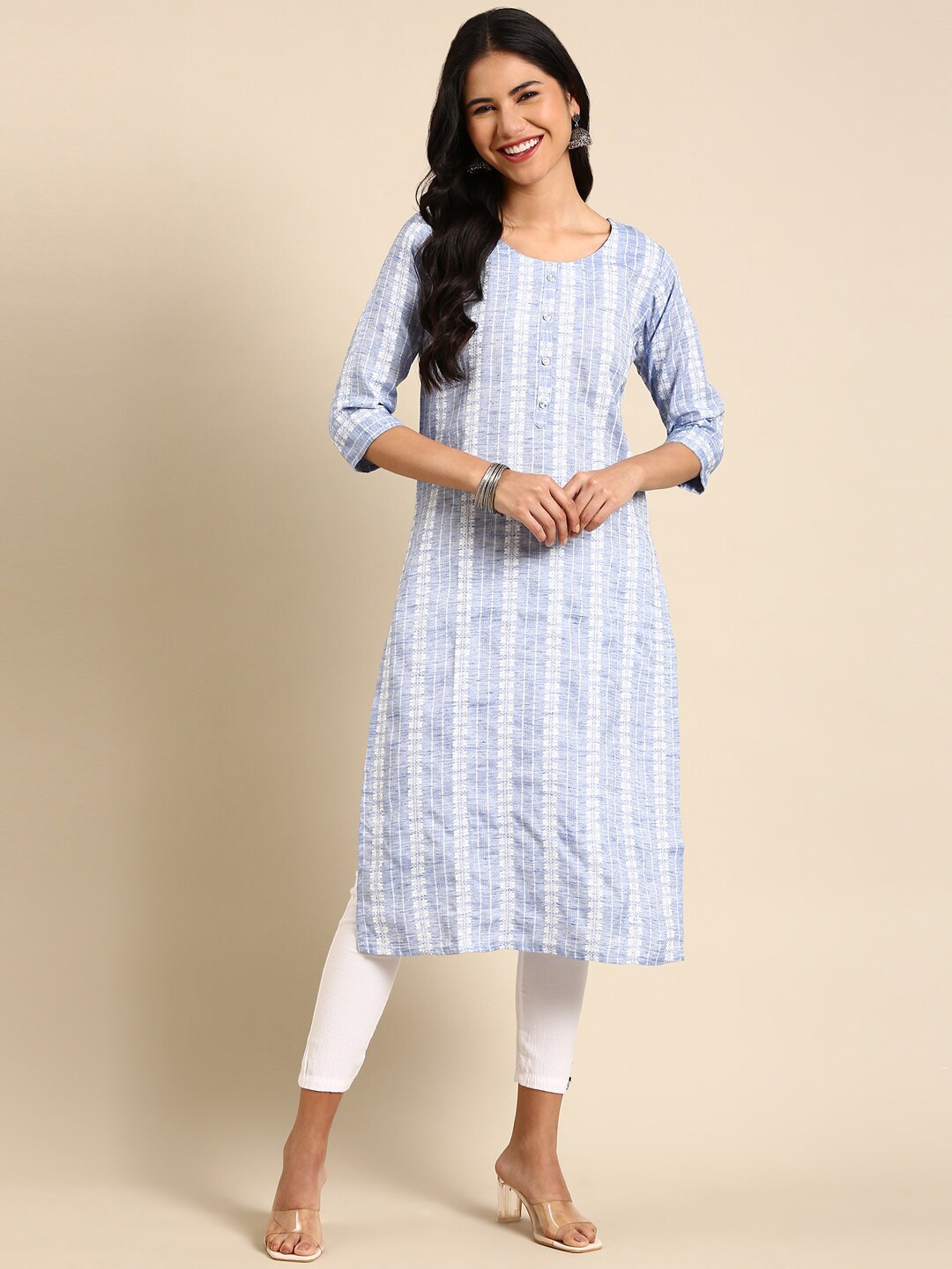 

SHOWOFF Ethnic Motifs Woven Design Thread Work Kurta, Blue