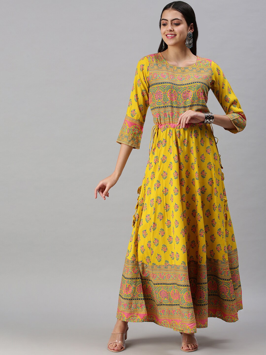 

SHOWOFF Floral Printed Mirror Work Fit & Flare Cotton Maxi Ethnic Dress, Yellow