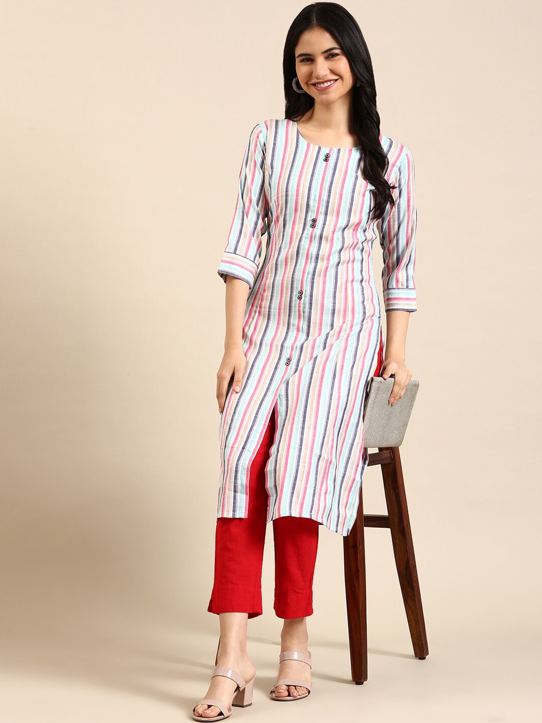 

SHOWOFF Striped Multiple Slits Straight Kurta, White
