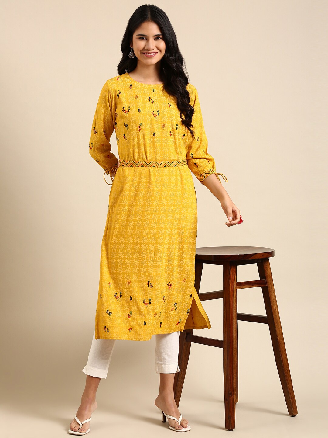 

SHOWOFF Floral Embroidered Belted Detail Cotton Silk Kurta, Yellow