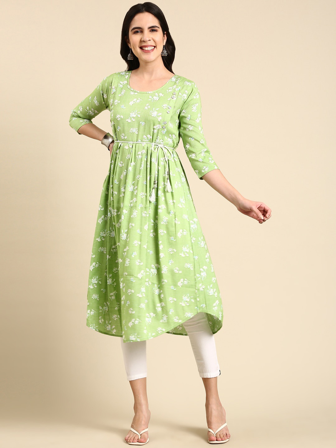 

SHOWOFF Floral Printed Pleated Anarkali Kurta, Green