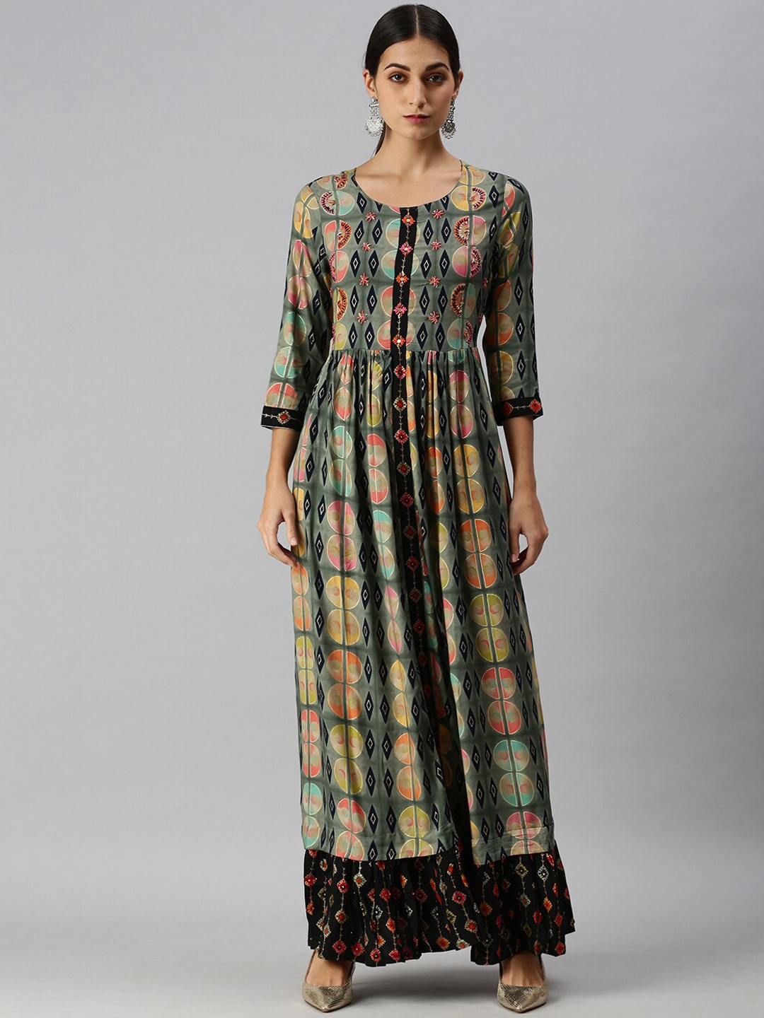 

SHOWOFF Geometric Printed Embroidered A-Line Ethnic Dress, Green