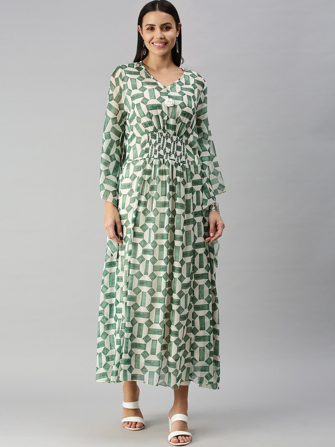 

SHOWOFF Geometric Printed Thread Work Smocked Flared Sleeves A-Line Kurta, White