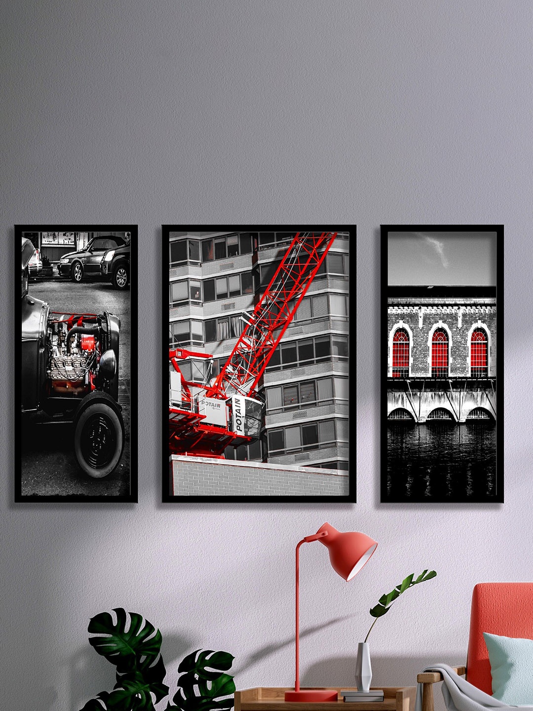 

SAF Black & Red 3-Pieces Crane Printed UV Coating Wall Art
