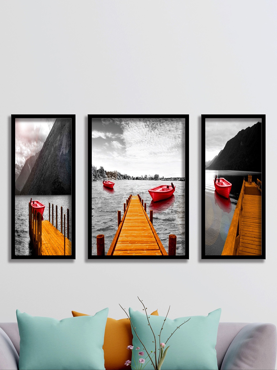 

SAF 3 Pieces White & Black Water Bridge & Boat UV Coating Wall Art