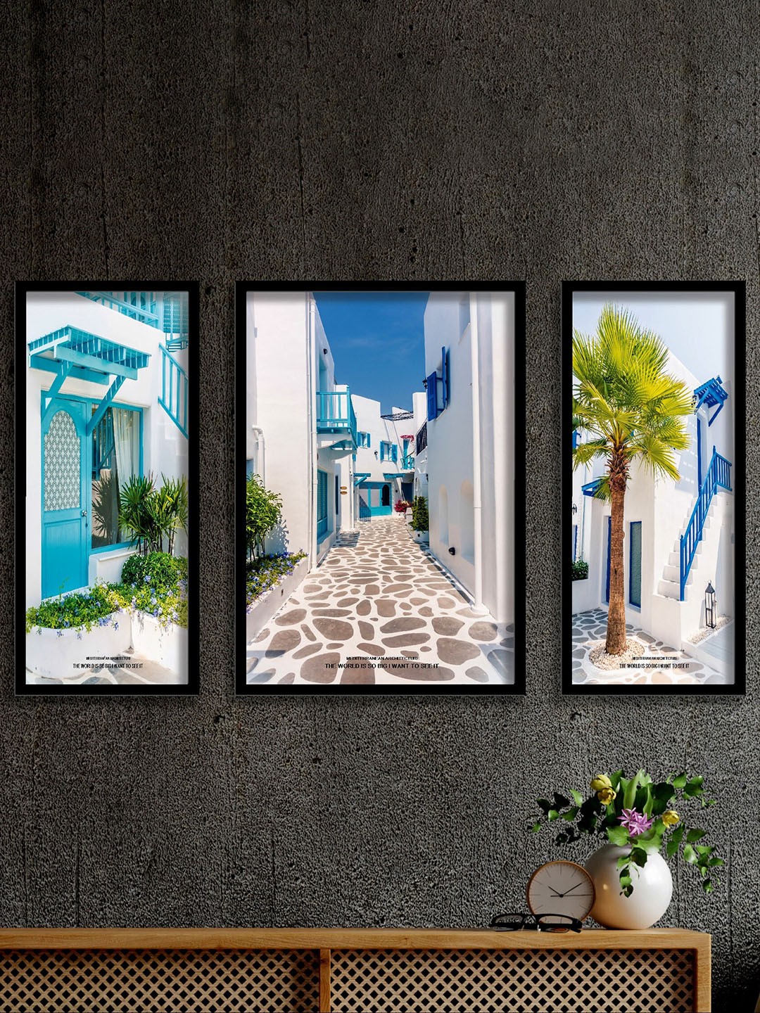 

SAF Blue & White 3-Pieces Beautiful Buildings Printed UV Coating Wall Art
