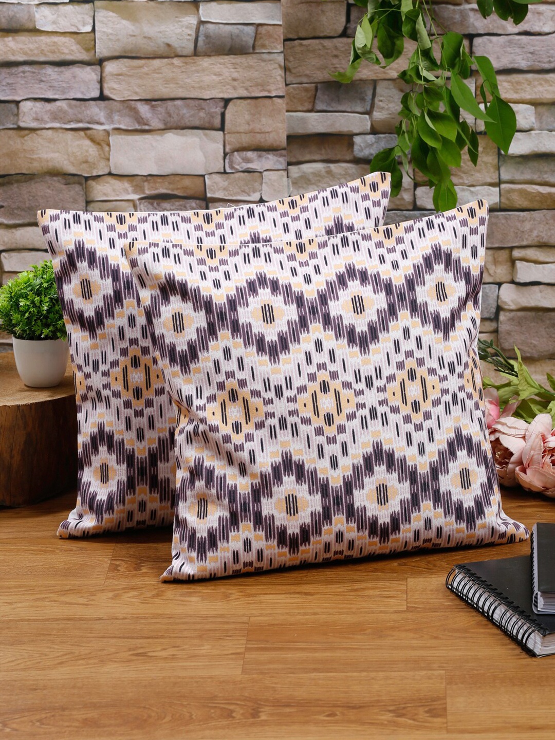 

Alina decor White & Beige 2 Pieces Ethnic Motifs Printed Square Cushion Covers