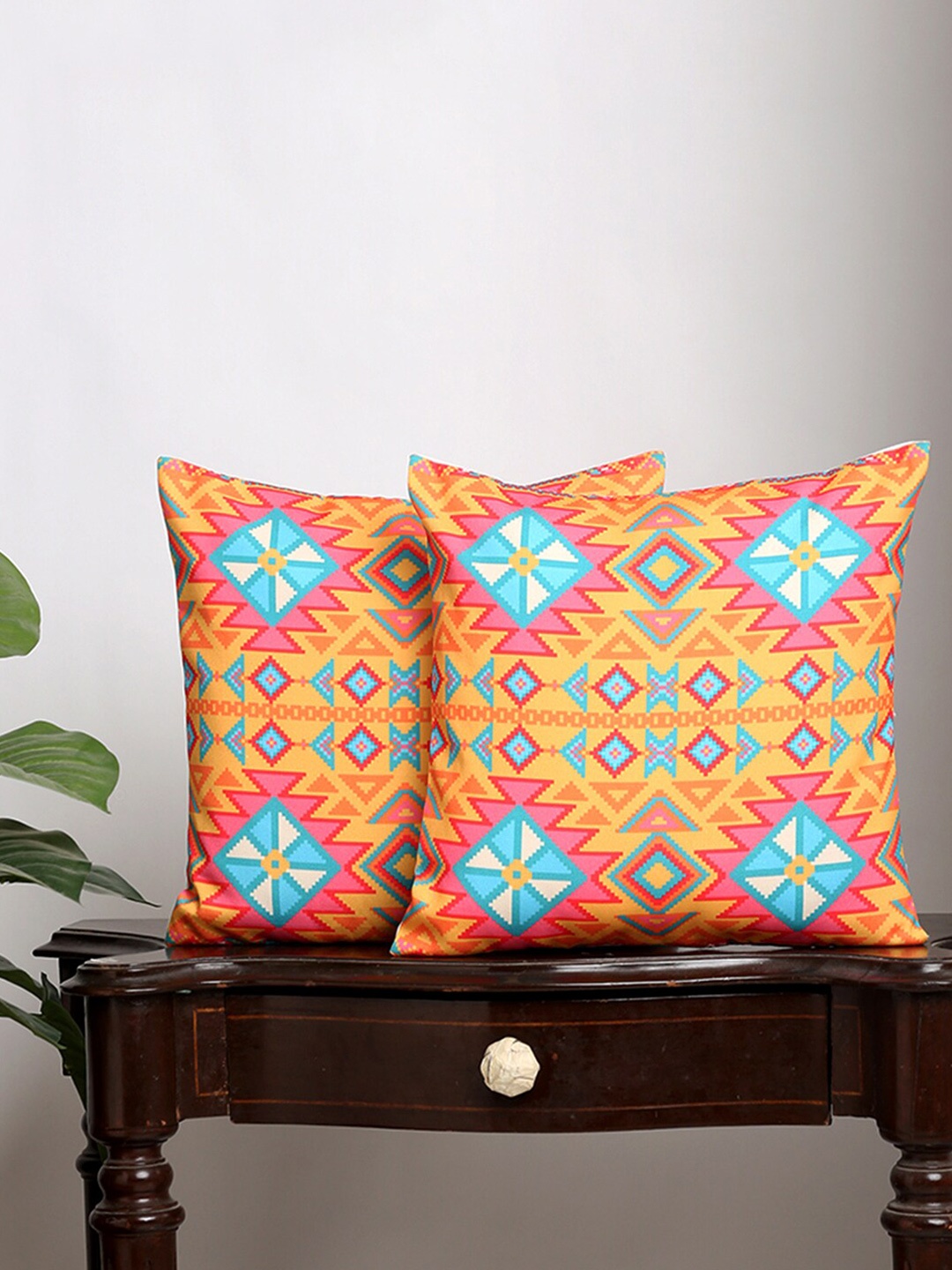 

Alina decor Yellow & Red 2 Pieces Geometric Printed Square Cushion Covers