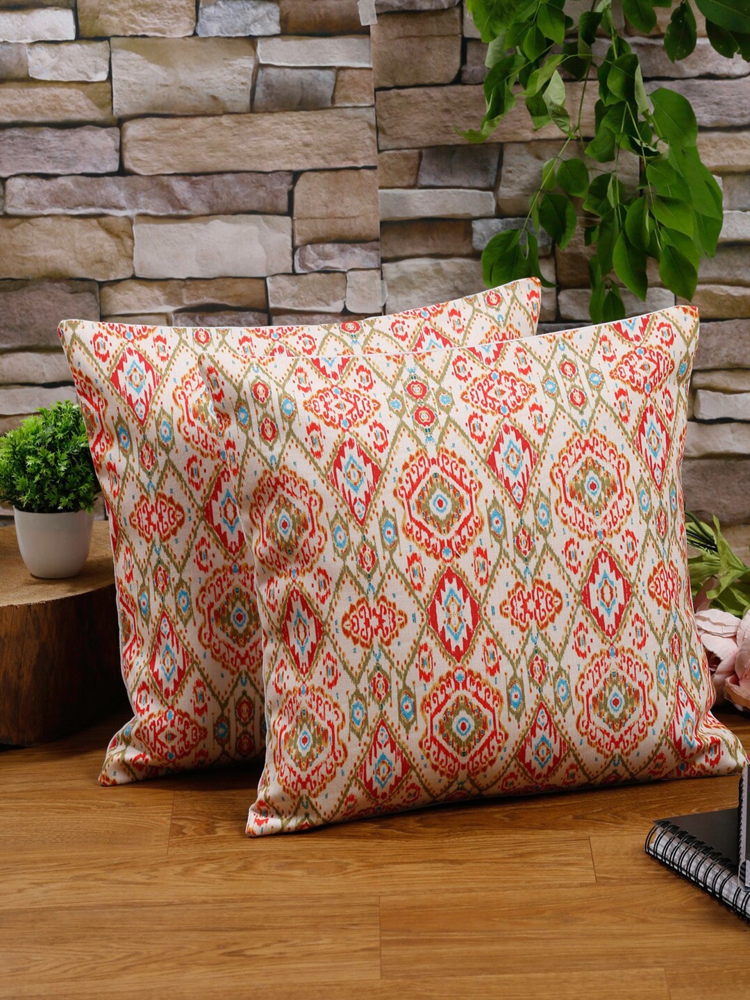 

Alina decor Beige & Red 2 Pieces Ethnic Motifs Printed Square Cushion Covers