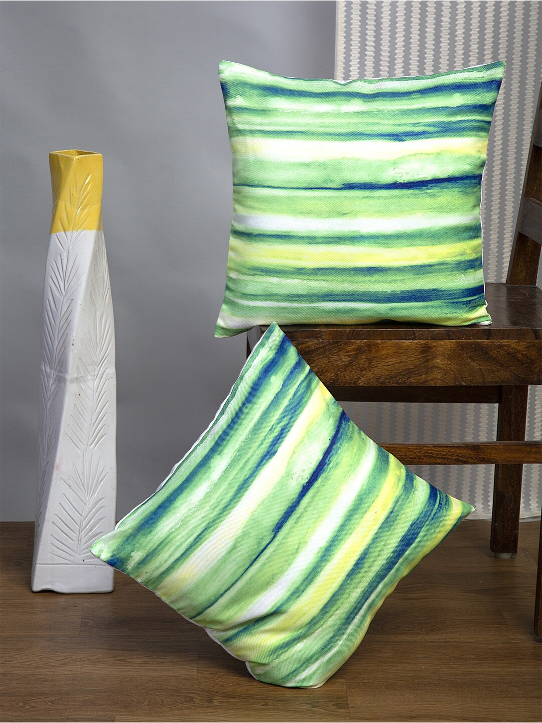 

Alina decor Green & Blue 2 Pieces Striped Square Cushion Covers
