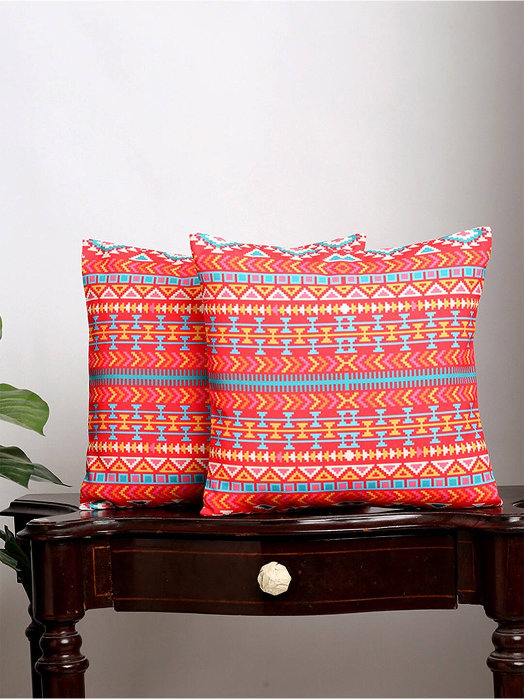 

Alina decor Red & Blue 2 Pieces Geometric Printed Square Cushion Covers