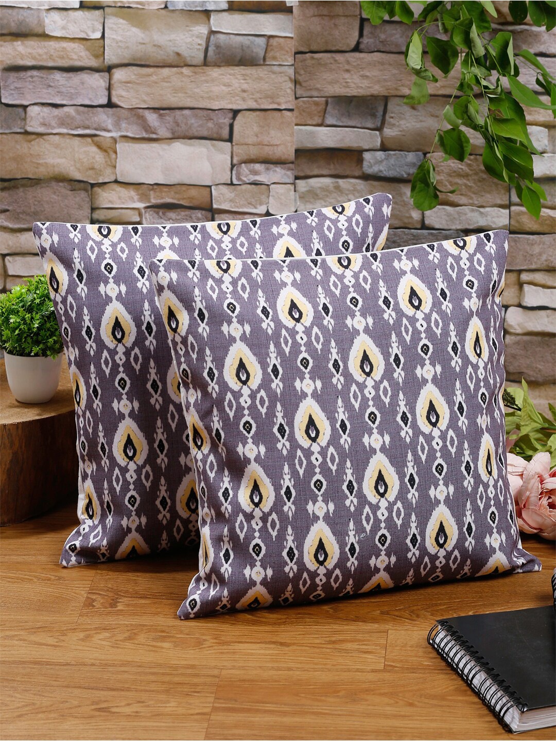 

Alina decor Grey & Yellow 2 Pieces Ethnic Motifs Printed Square Cushion Covers