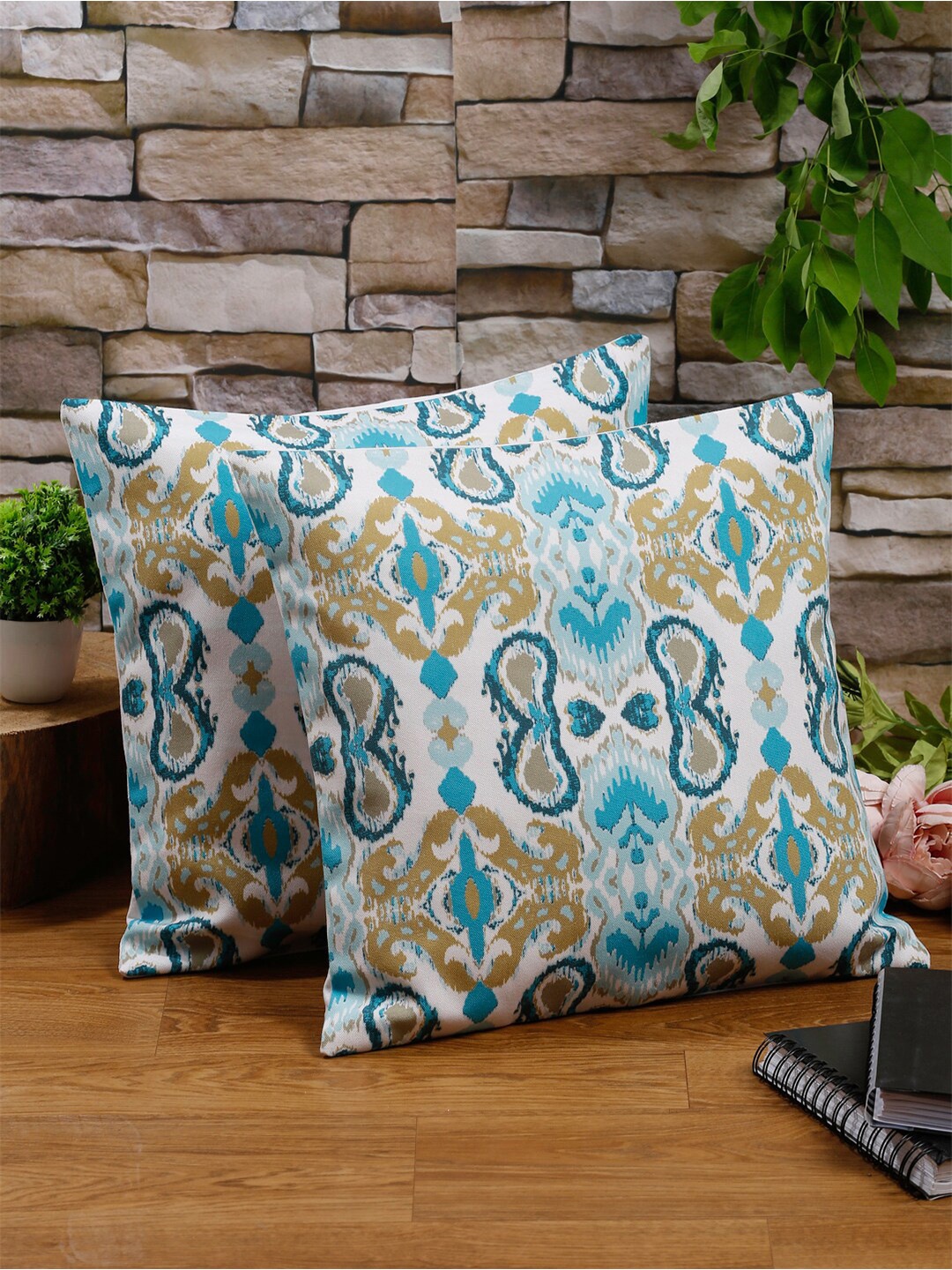 

Alina decor White & Blue 2 Pieces Ethnic Motifs Printed Square Cushion Covers