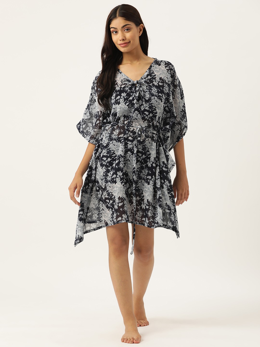 

ZIZO By Namrata Bajaj Floral Printed Swimwear Cover-Up Top, Navy blue