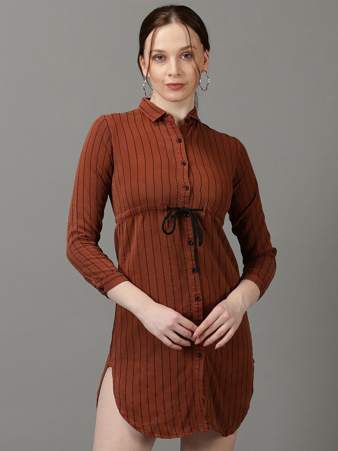 

SHOWOFF Striped Waist Tie-Up Cotton Shirt Style Longline Top, Brown