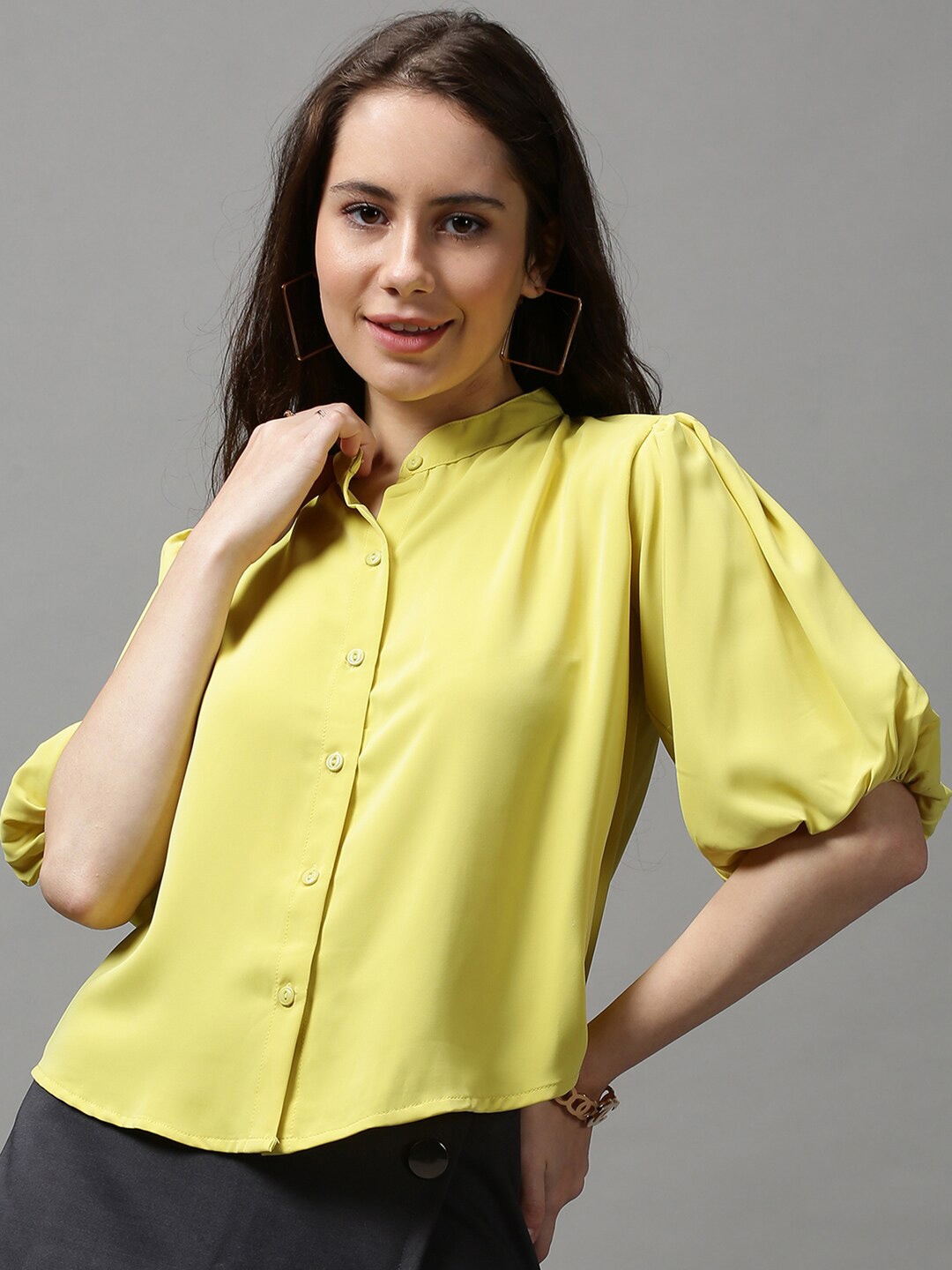 

SHOWOFF Mandarin Collar Puff Sleeves Shirt Style Top, Yellow