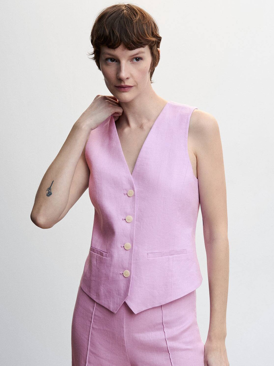 

MANGO V-Neck Pure Linen Waistcoat, Lavender