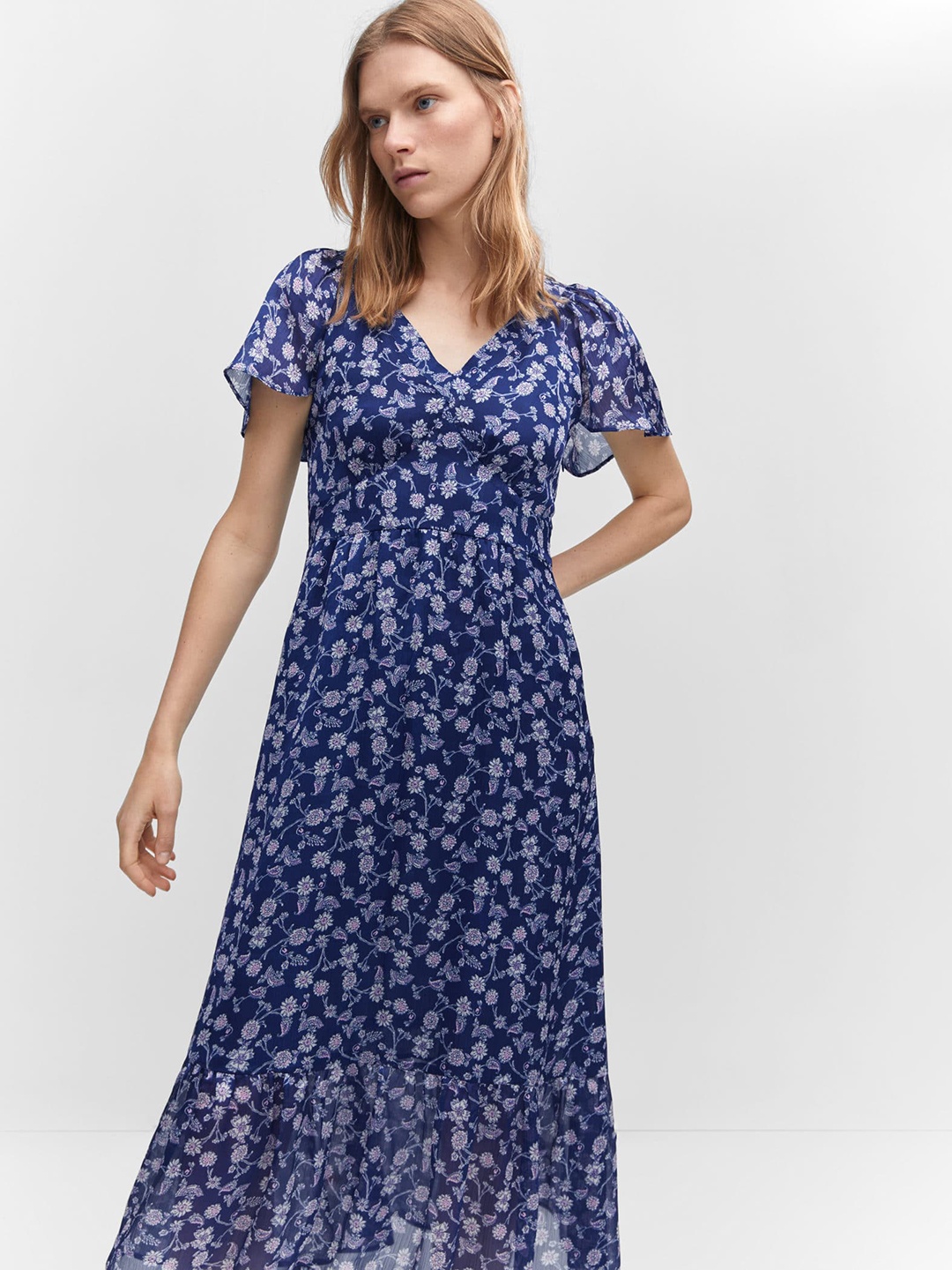

MANGO Floral Print A-Line Midi Dress, Navy blue