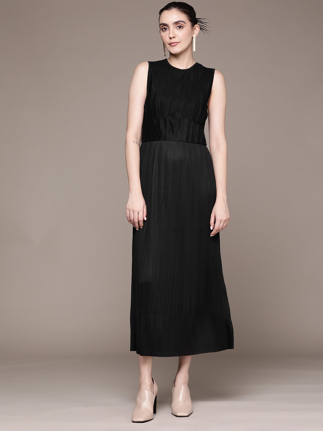 

MANGO Accordion Pleated A-Line Midi Dress, Black