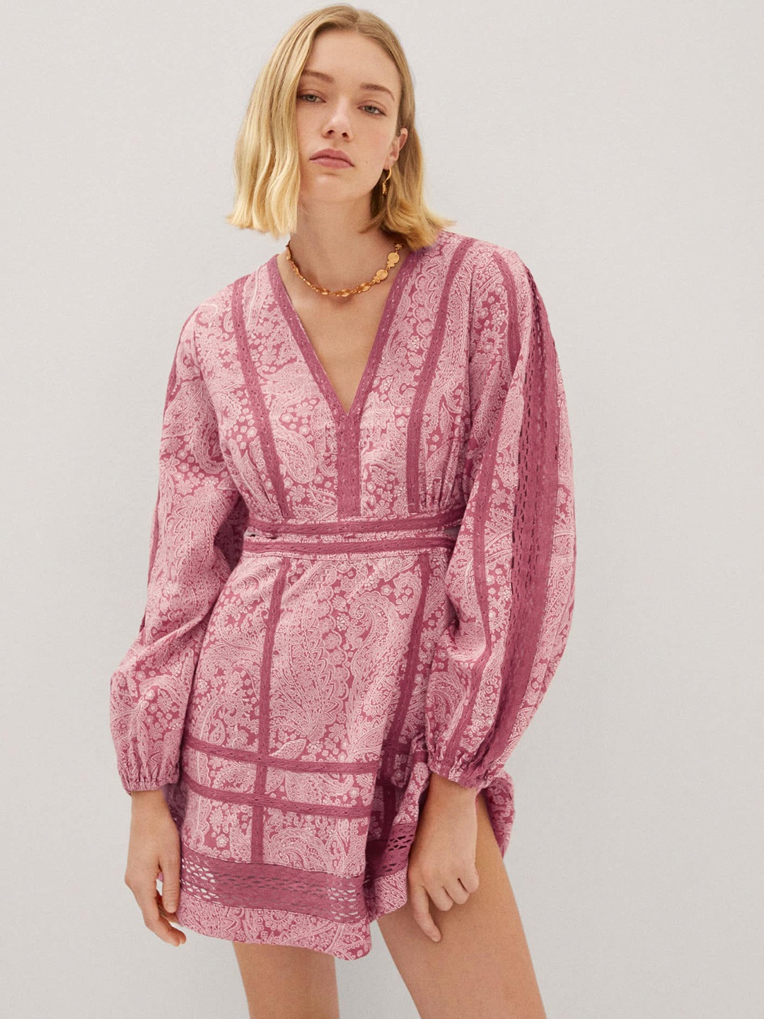 

MANGO Ethnic Motifs Print Lace Inserted Detail Puff Sleeves A-Line Mini Dress, Pink