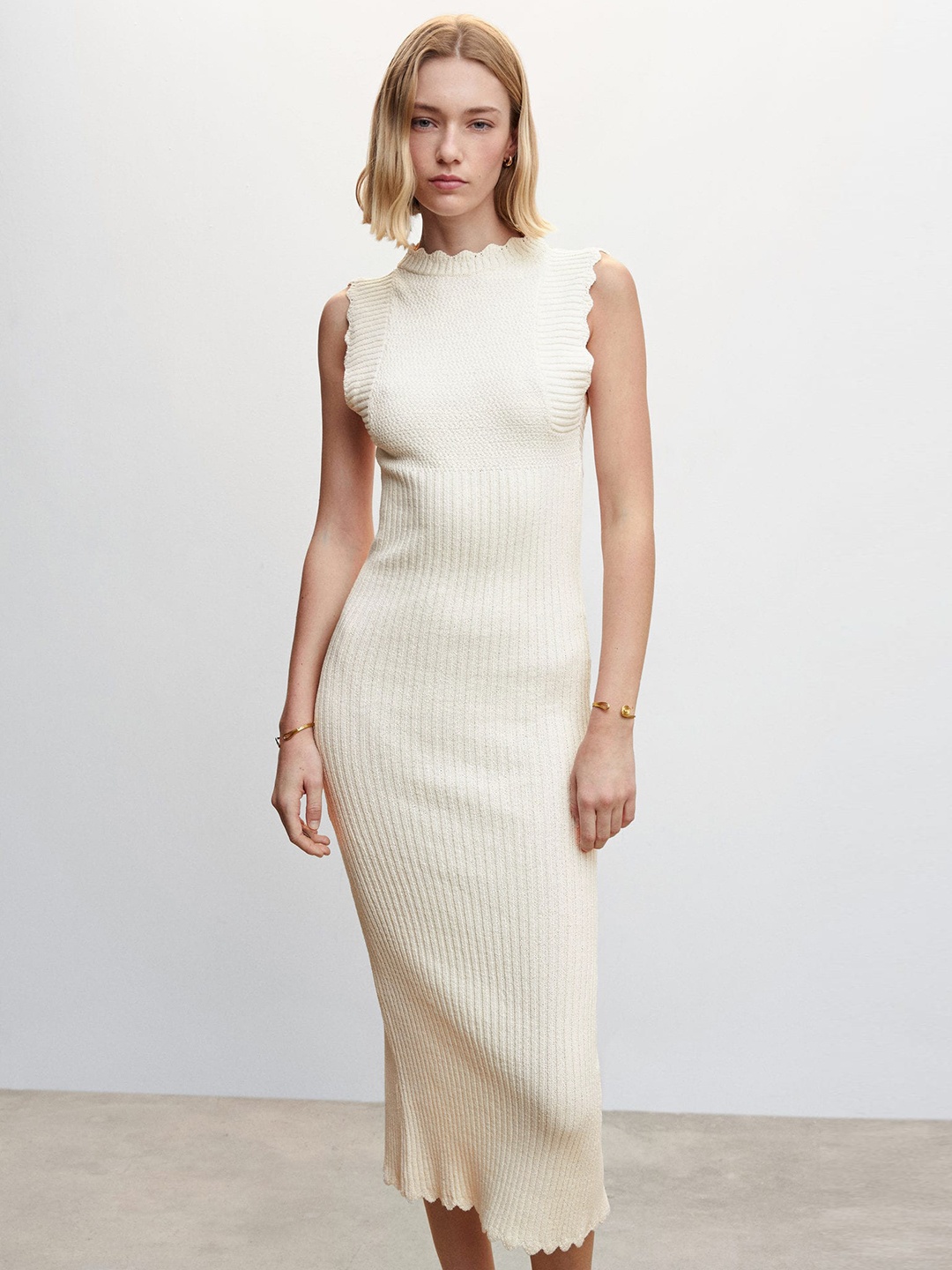 

MANGO Open-Back Knitted Sheath Midi Dress, Cream