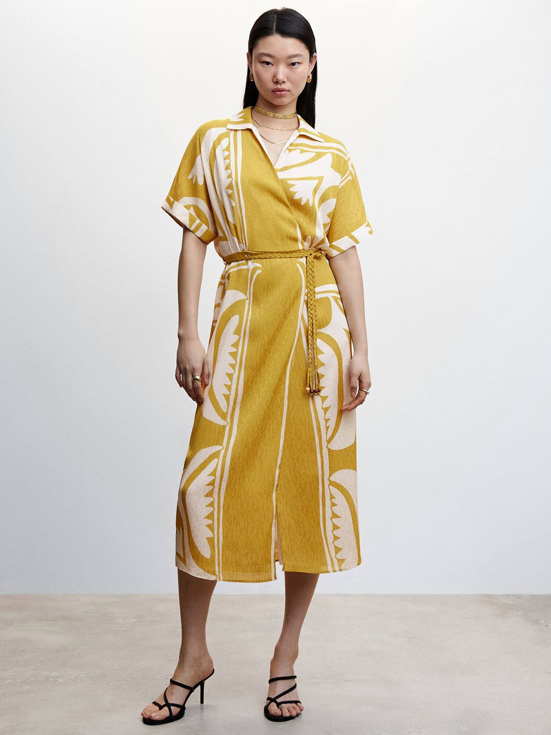 

MANGO Printed Shirt Wrap Midi Dress with Belt, Mustard