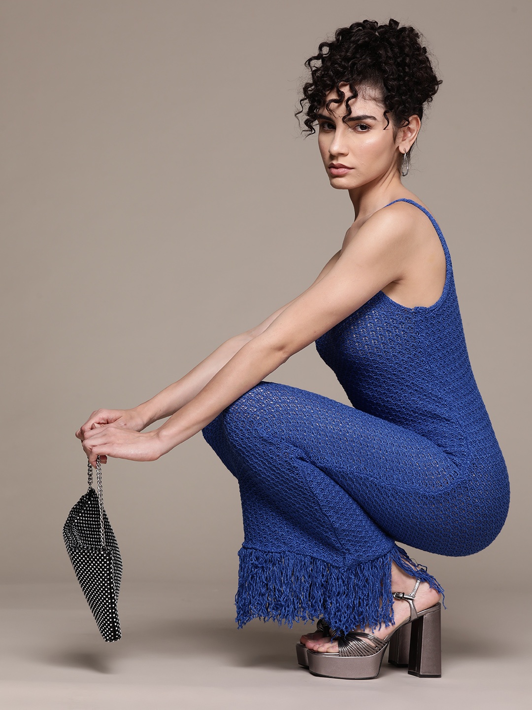 

MANGO Crochet Semi-Sheer Fringed Maxi Dress, Blue