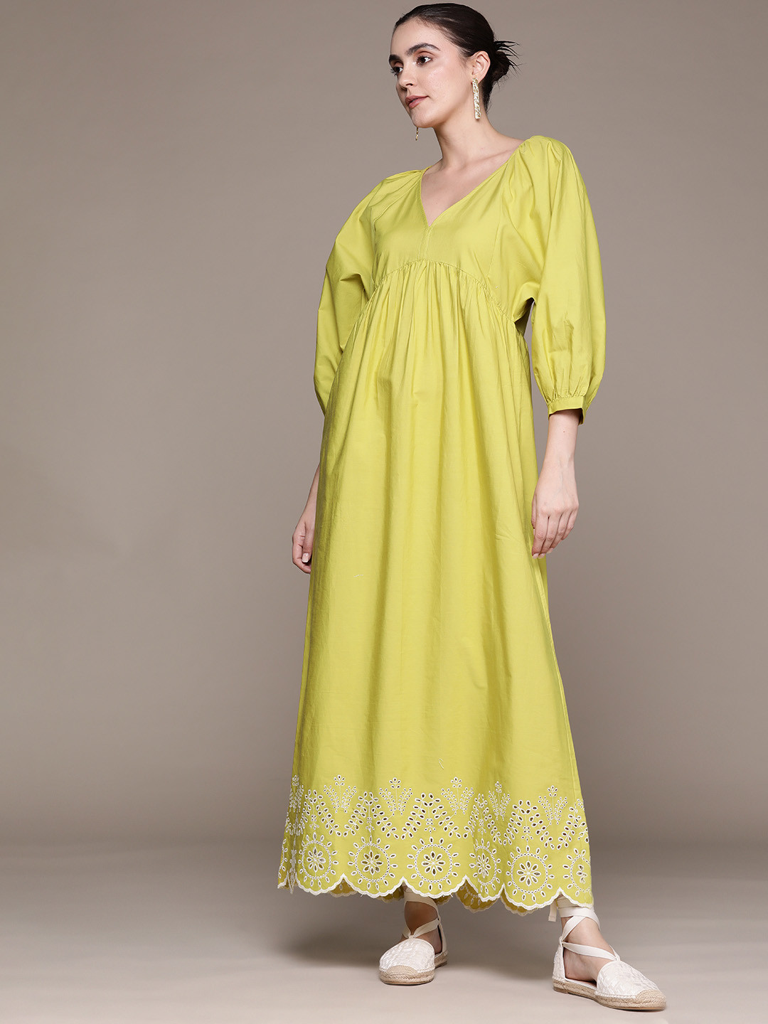 

MANGO Schiffli Detail Pure Cotton Maxi Dress, Lime green