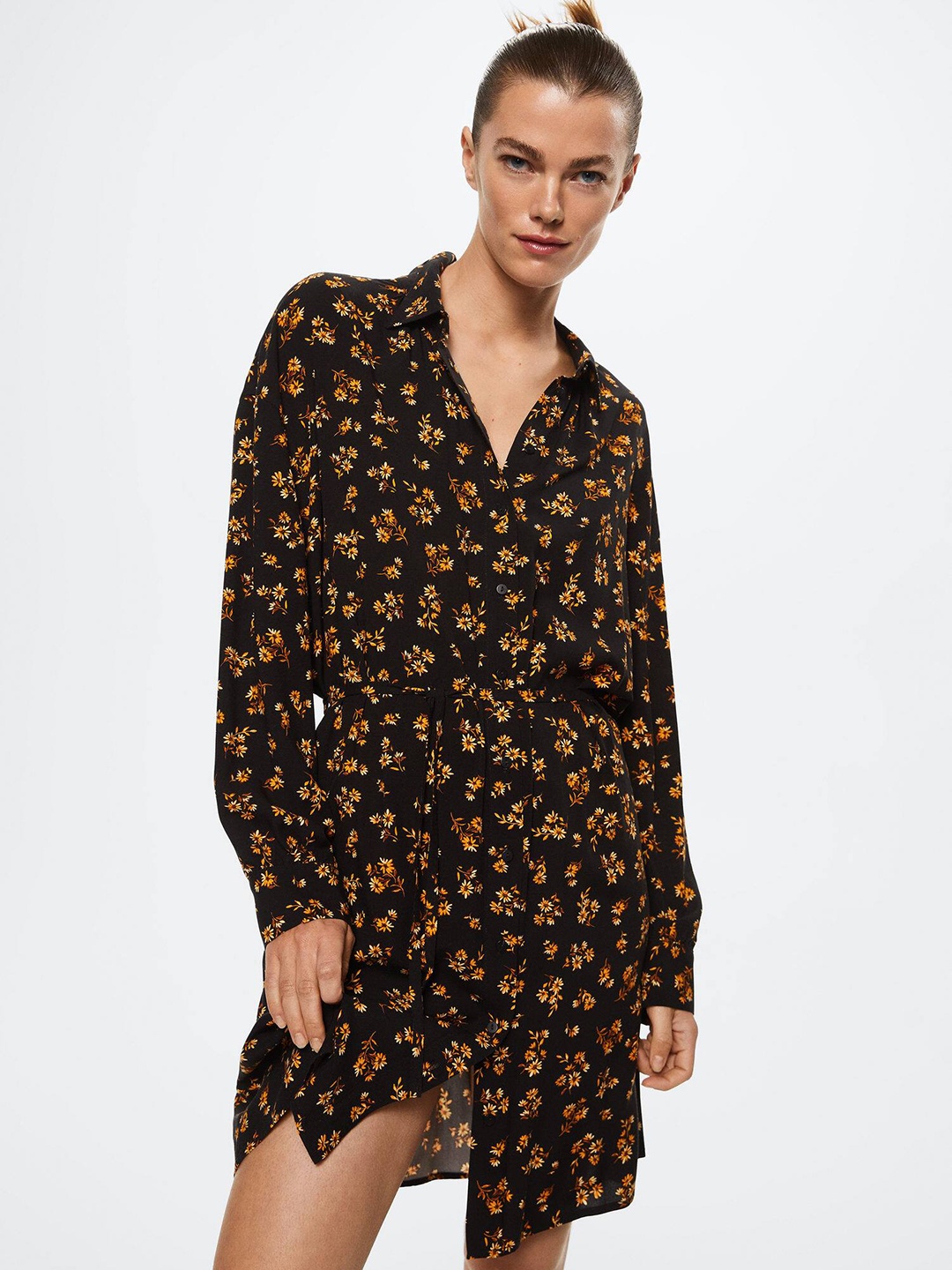 

MANGO Floral Print Shirt Dress with Belt, Black