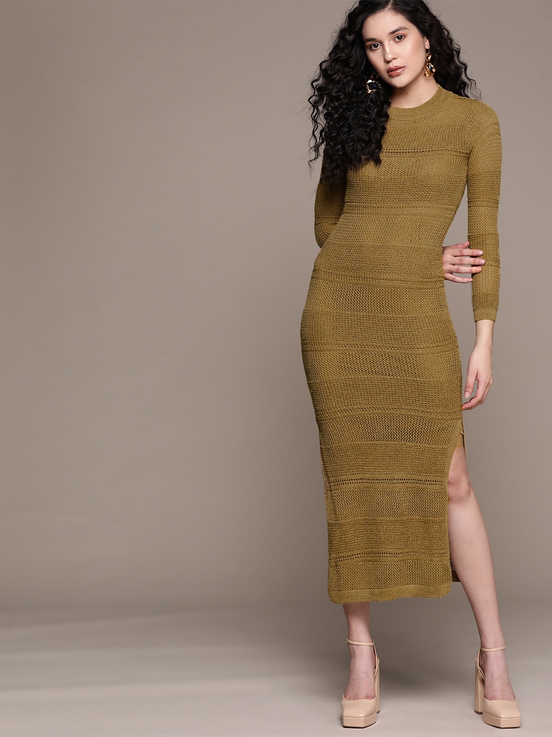 

MANGO Open Knit Bodycon Midi Dress, Olive