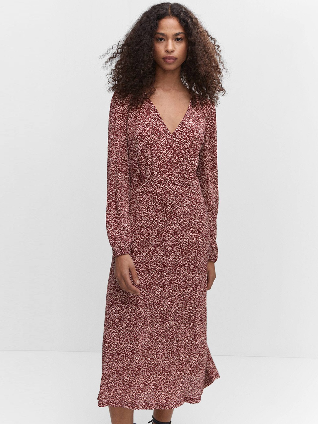 

MANGO Textured Effect Floral Print A-Line Midi Dress, Burgundy