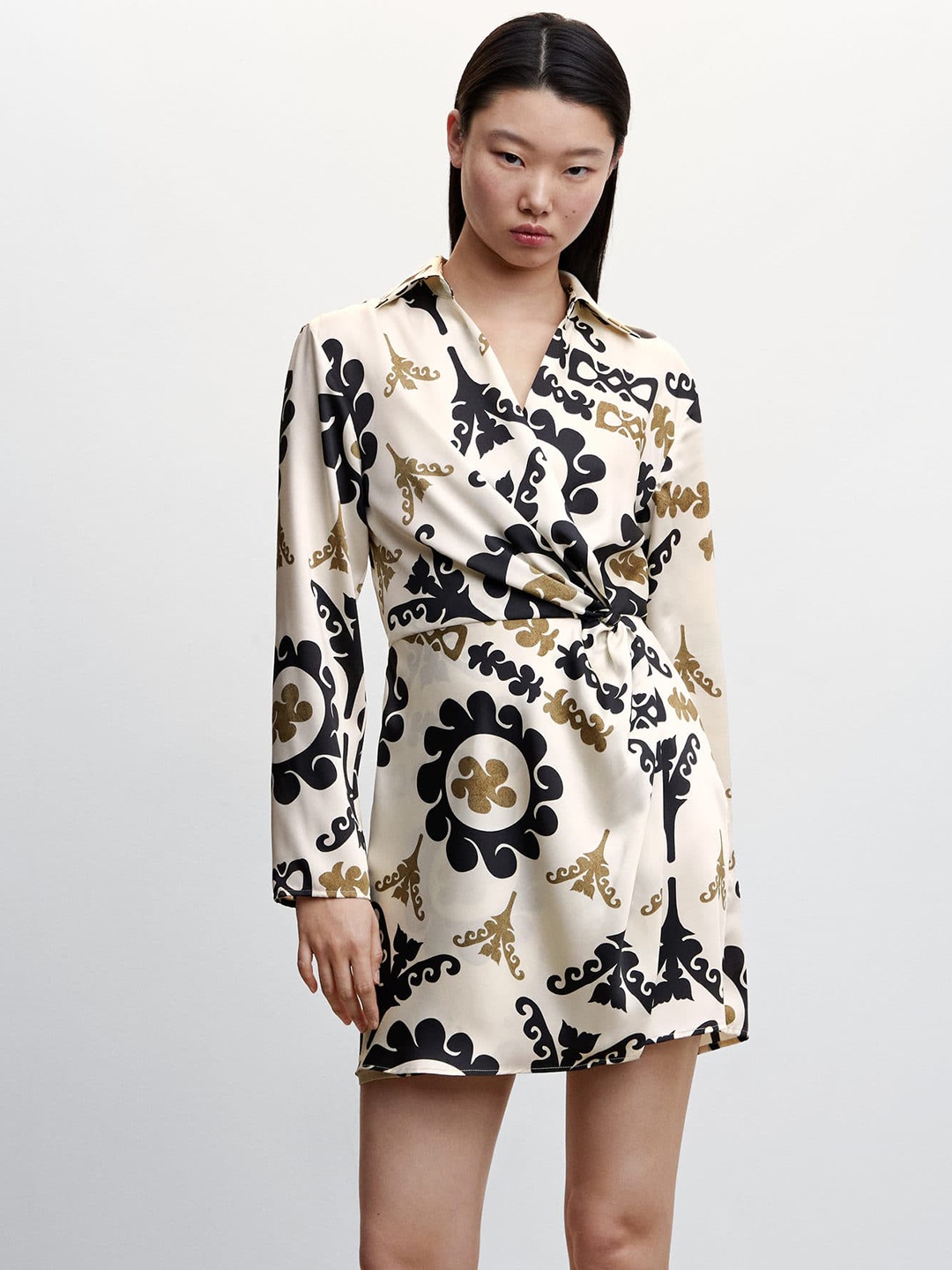 

MANGO Printed Satin Knot-Detail Wrap Dress, Off white