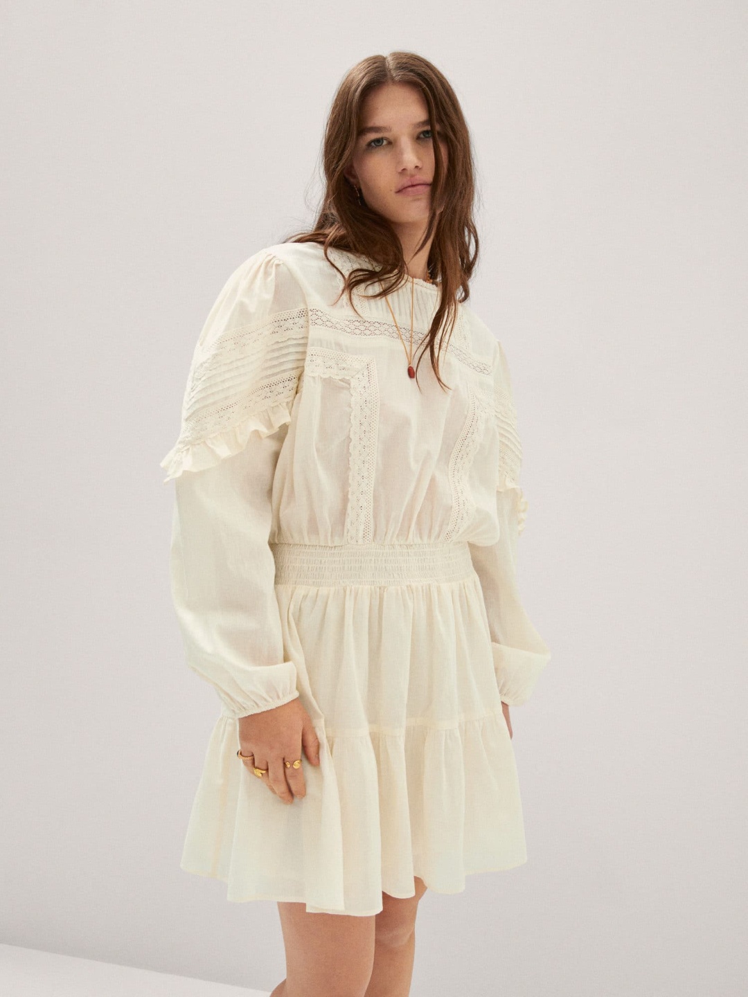 

MANGO Pure Cotton Puff Sleeve Lace Insert Blouson Dress, Off white
