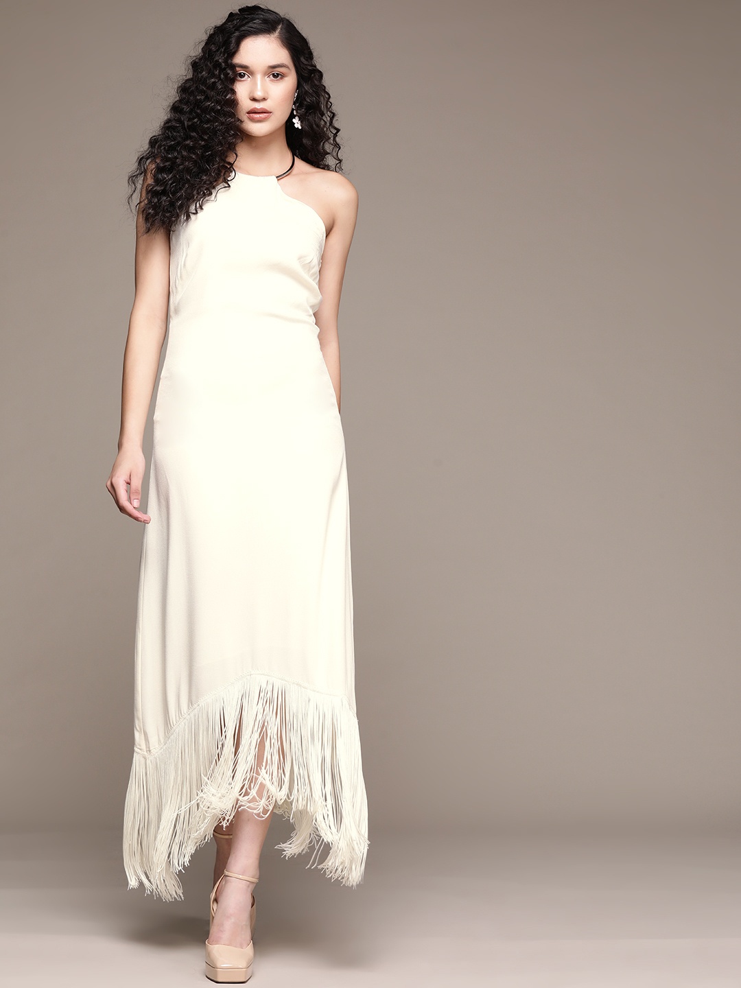 

MANGO Halter Neck A-Line Fringed Midi Dress, Cream