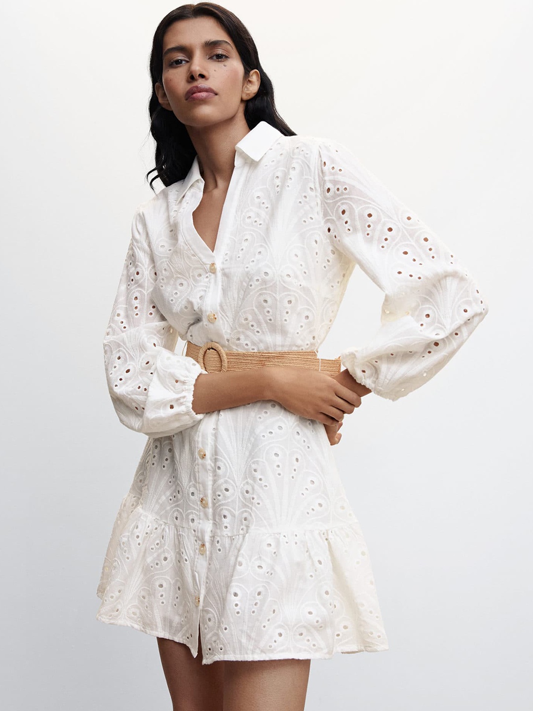 

MANGO Schiffli Embroidered Puff Sleeve Shirt Mini Dress, Off white