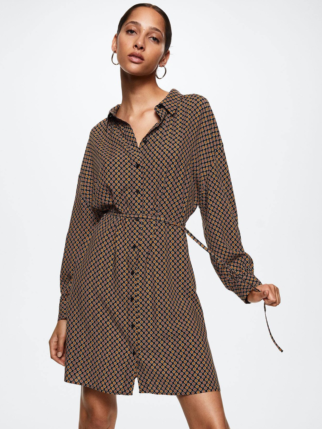 

MANGO Ethnic Motifs Print Shirt Dress with a Belt, Black