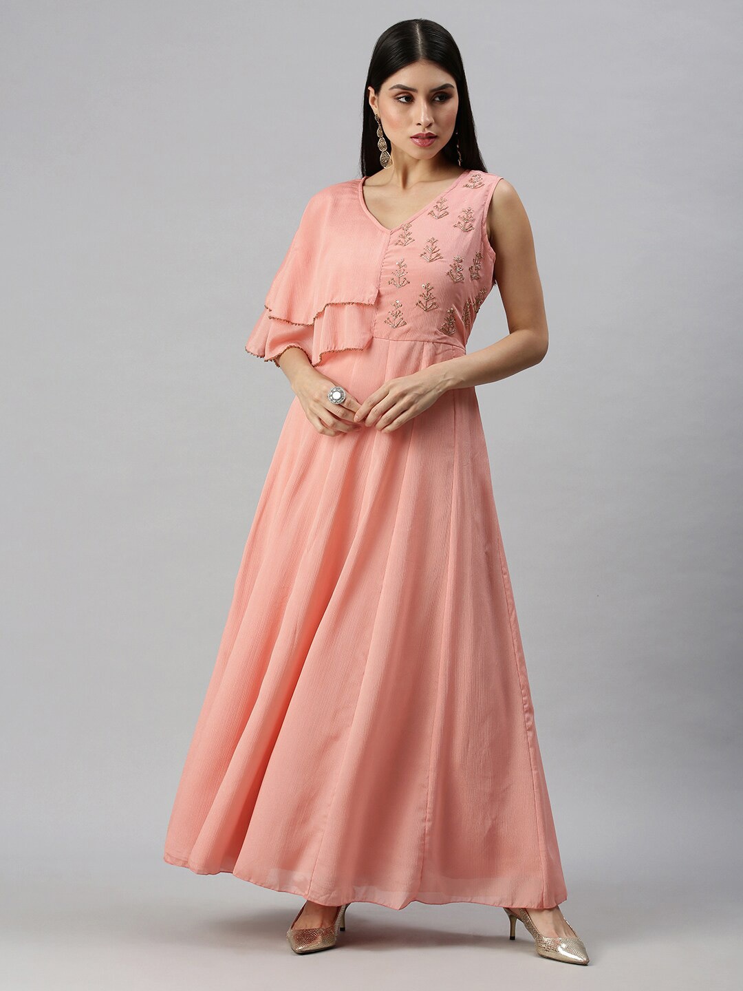 

SHOWOFF Flared Sleeve Sequined Maxi Ethnic Dress, Peach