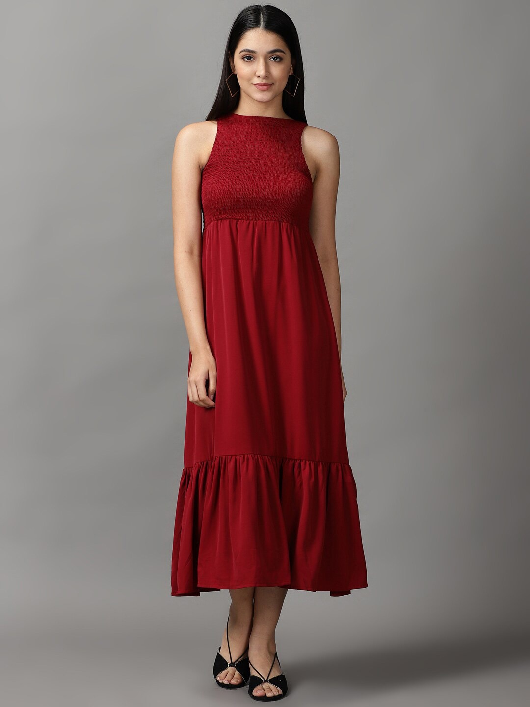 

SHOWOFF Smocked Georgette Maxi Midi Dress, Maroon